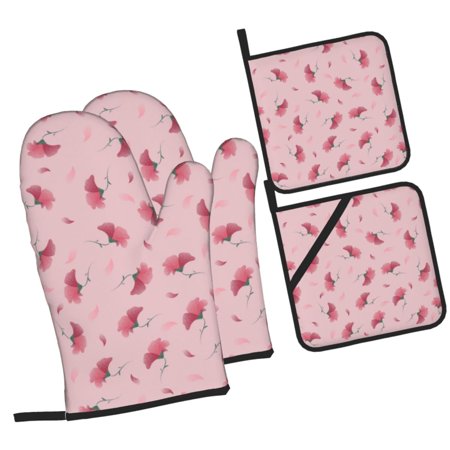 Pink Flowers Oven Mitts and Pot Holders Sets Baking Sets for Kitchen BBQ Gloves Heat Resistant Cooking Vintage Floral 4 Pieces