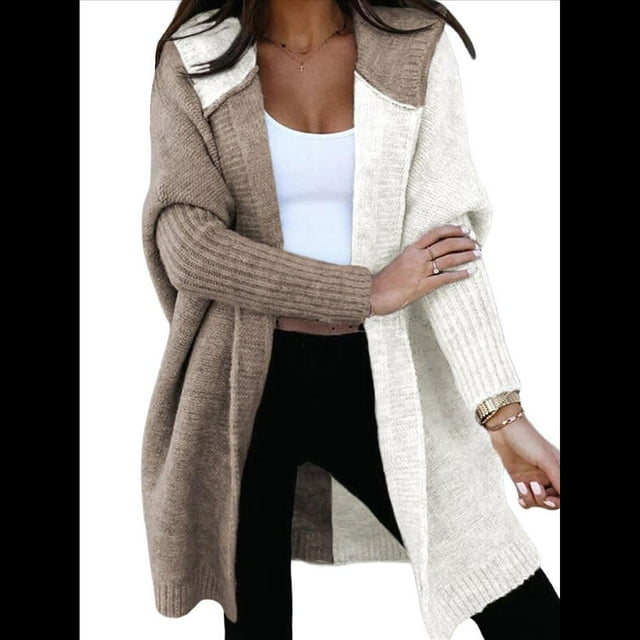 Cárdigan de Punto con Capucha y Larga con Abertura Frontal para Mujer, Abrigos con Bloques de Color, Otoño e Invierno Caqui y S