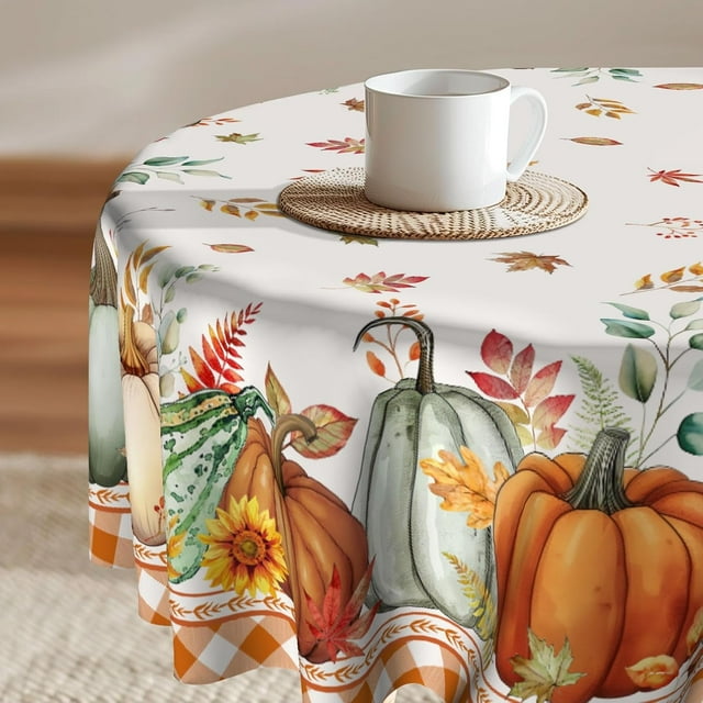 Chiffons de Table Citrouille de Récolte d'Automne Feuilles Aquarelle Résistantes Lavables Nappe de Table Action de Grâce Automne Nappe Ronde 60 Pouces pour Cuisine Extérieure Fête Pique-Nique