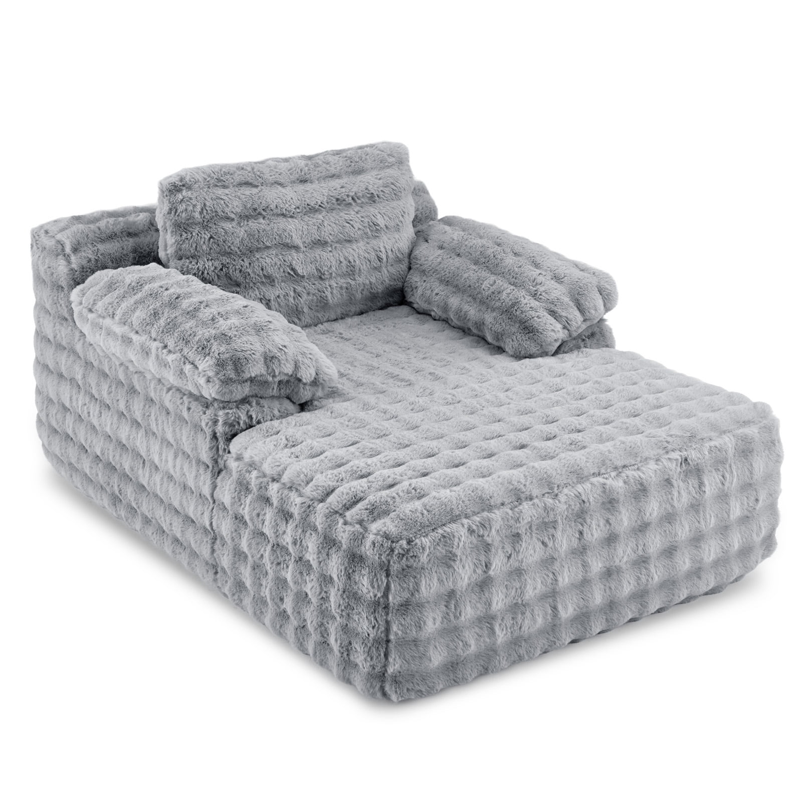 Ktaxon 68" Lounge Chair, Bubble Fleece Fabric Sofa Bed, Boneless Sleeper Chaise with Removable Backrest & Pillow-Top Armrests for Living Room Light Gray