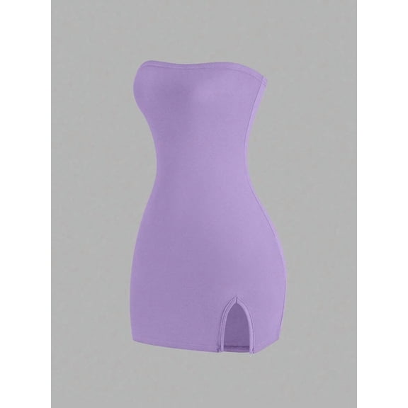 Lilac Purple Solid Bandeau Slit Mini Dress For Women Casual Bodycon Outfit