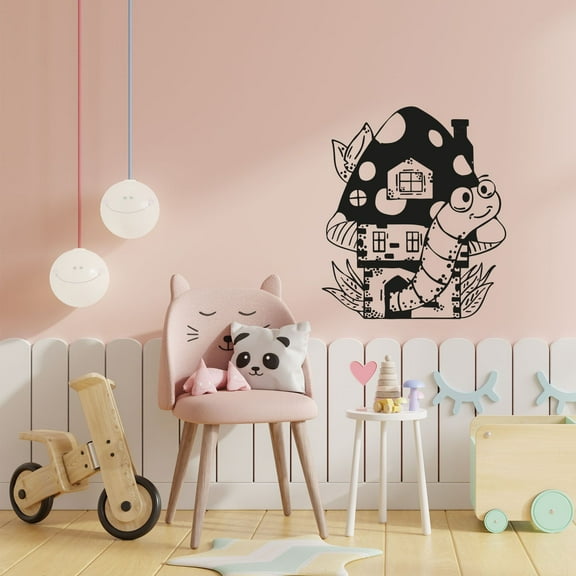 Caterpillar Happy Mushroom House Larvae Cute Animal Insect Vinyl Design Wall Sticker Art Decal Boy Girl Kid Room Bedroom Nursery Kinder Playroom Home Decor Stickers Decoration Size (30x22 inch)