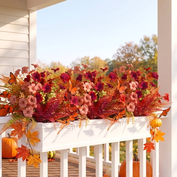 AcerichFad Artificial Fall Flowers Outdoor, 12 Bundles Autumn Fake Plants Faux Silk Plastic Flowers with Butterflies Fall Decorations for Home Outside Yard Garden Porch Patio Autumn Decor, Multicolor
