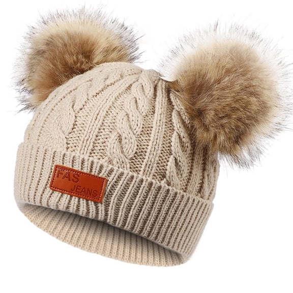 Infant Toddler Woolen Hat Pure Color Winter Twist Double Pom Pom Knitted Beanies Cap 0-3Y Khaki