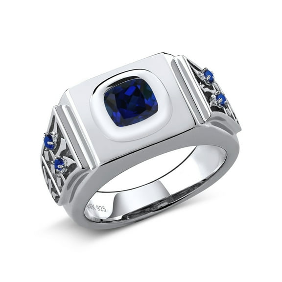 Gem Stone King 2.56 Ct Cushion Blue Created Sapphire 925 Sterling Silver Men's Ring (Size 13)