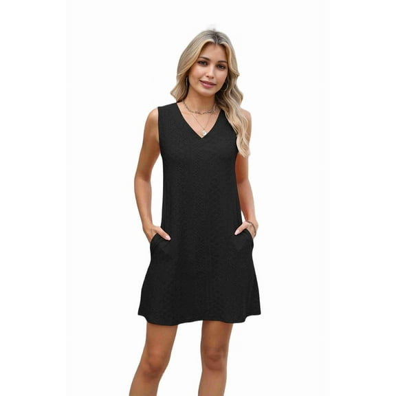 Ladies Solid Color Sleeveless V-Neck Pocket Dress Black S