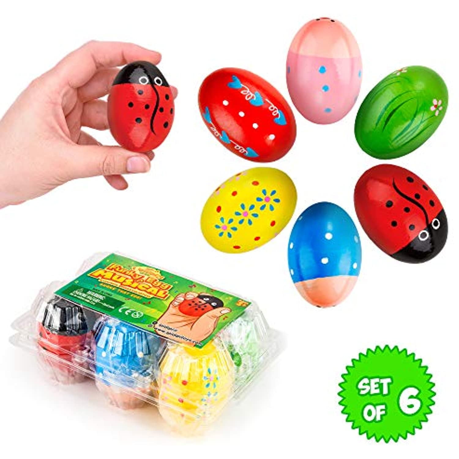 Funky Egg Shakers Maracas for Kids - 6 Pack - Natural, Wooden Musical Toy Percussion Instruments - Fun basket Stuffers - Colorful Sound Making Shakers - Assorted Easter Designs for Girls, Boys