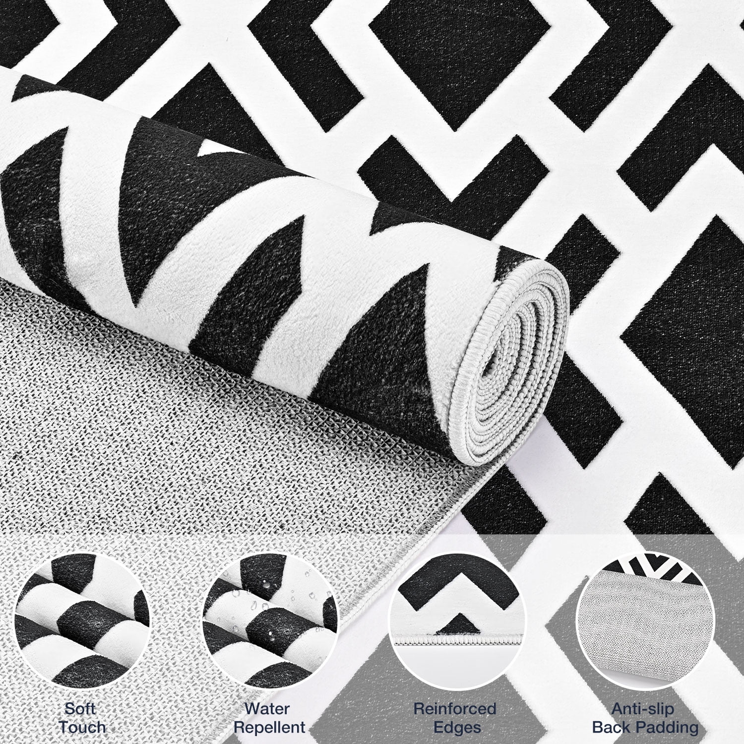 Curtilage 4'x6' Washable Area Rugs for Living Room, Non-Slip Diamond Geometry Indoor Rugs, Soft Low Pile Stain Resistant Carpet for Entryway, Nursery