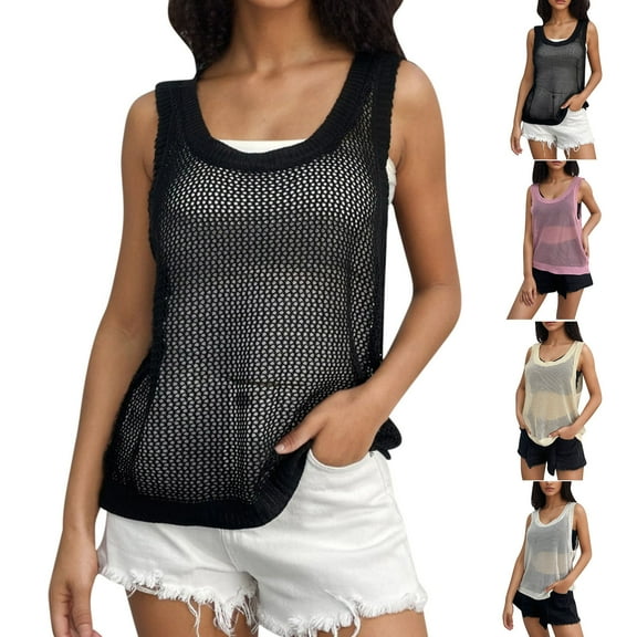 Dagugfen Crochet Tops for Women Round Neck Hollow out Wide Strap Loose Sleeveless Pullover Sheer Tops