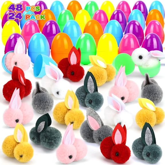 BESTSKY 24 Colorful Bunny Filled Easter Eggs,Assorted Prefilled 24 Easter Eggs with 24 Cute Bunnies Toys Easter Basket Stuffer for Kids Easter Egg Stuffer Filler Party Favors