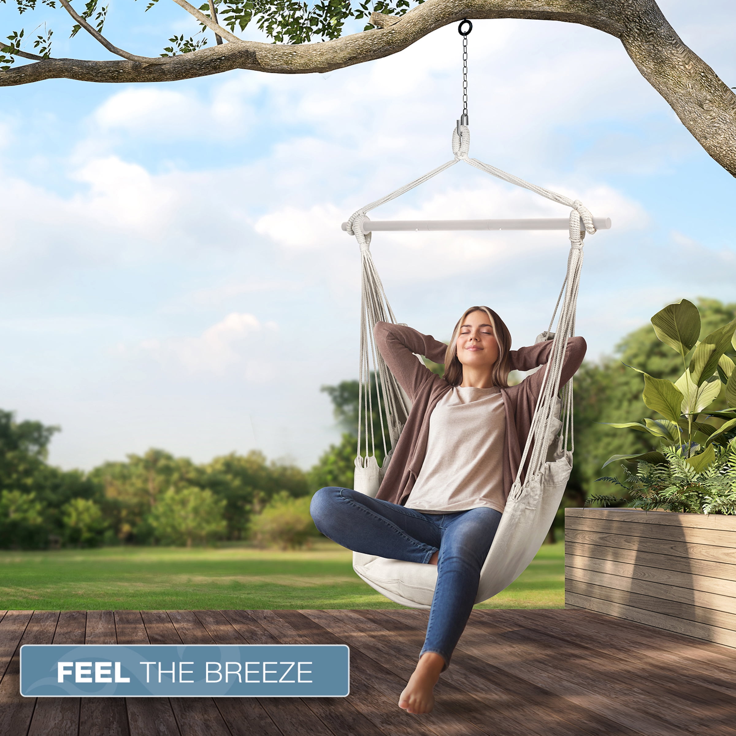 Sorbus Hanging Hammock Chair Swing Seat with Cushions, Indoor Outdoor, White, 265 lbs Capacity
