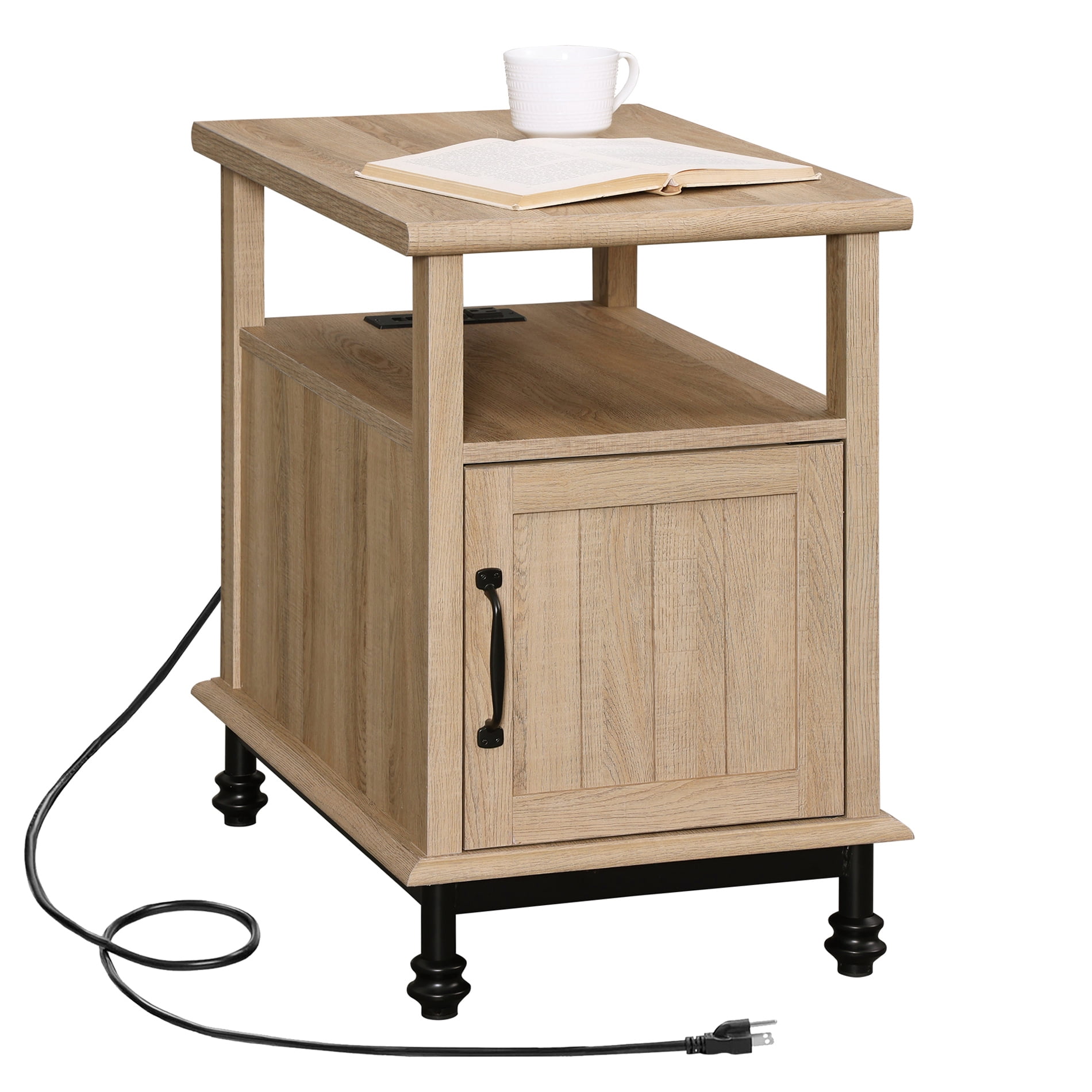 Oak End Table Bedside Table with Charging Station & Cabinet for Bedroom, Side Table for Living Room, 23.6 inches