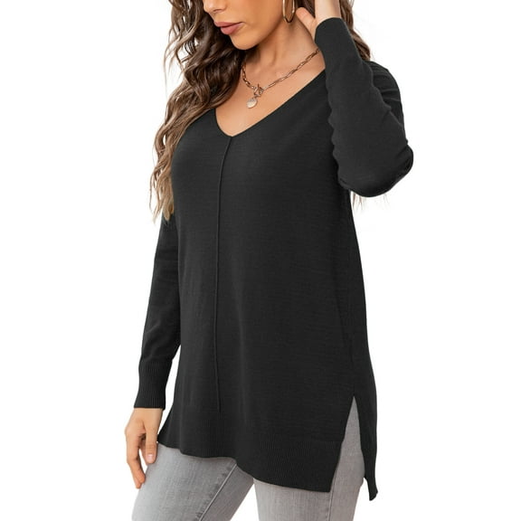CALIPESSA Womens Black Knit Long Sleeve Soft V Neck Solid Side Split Sweater Pullovers