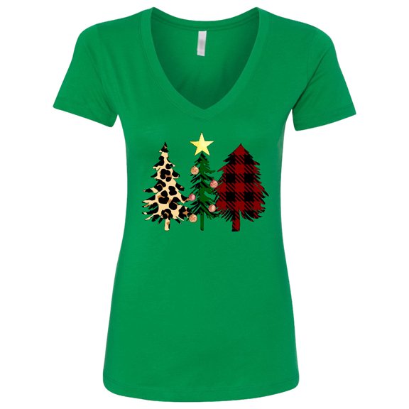 Inktastic Three Christmas Trees in Plaid and Leopard Print Women's V-Neck T-Shirt