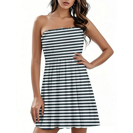 OAMDNDEA Vacation Dresses for Women 2025 Strapless Sleeveless Boho Dress Summer Stripe Print Tube Top Dress Sexy Cute Off the Shoulder Beach Coverups Beach Vacation Clothes Light Blue 2XL
