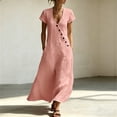 thumbnail image 2 of Women's Cotton Linen Midi Dress Summer Short Sleeve V‑Neck Asymmetrical Button Casual Dress with Side Pockets Pink XL(XL), 2 of 6