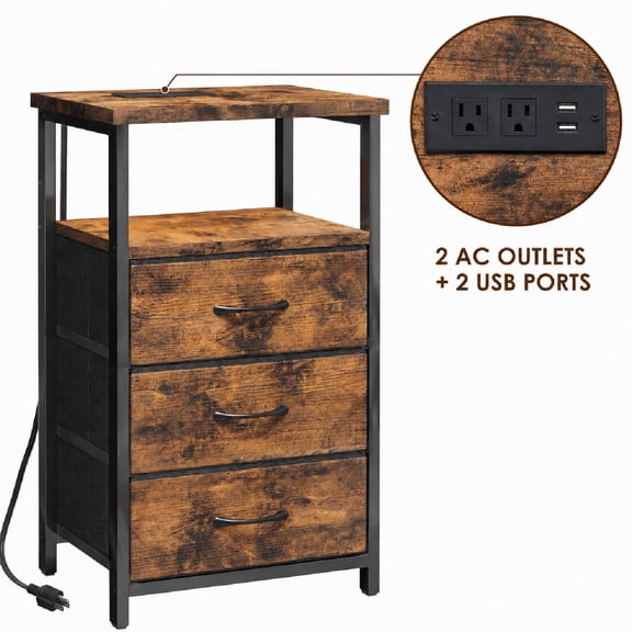 Nightstand with Charging Station and 3 Fabric Drawers, End Table with 2 AC Outlets and 2 USB Ports, Open Shelf, MDF and Metal Frame, Bedroom