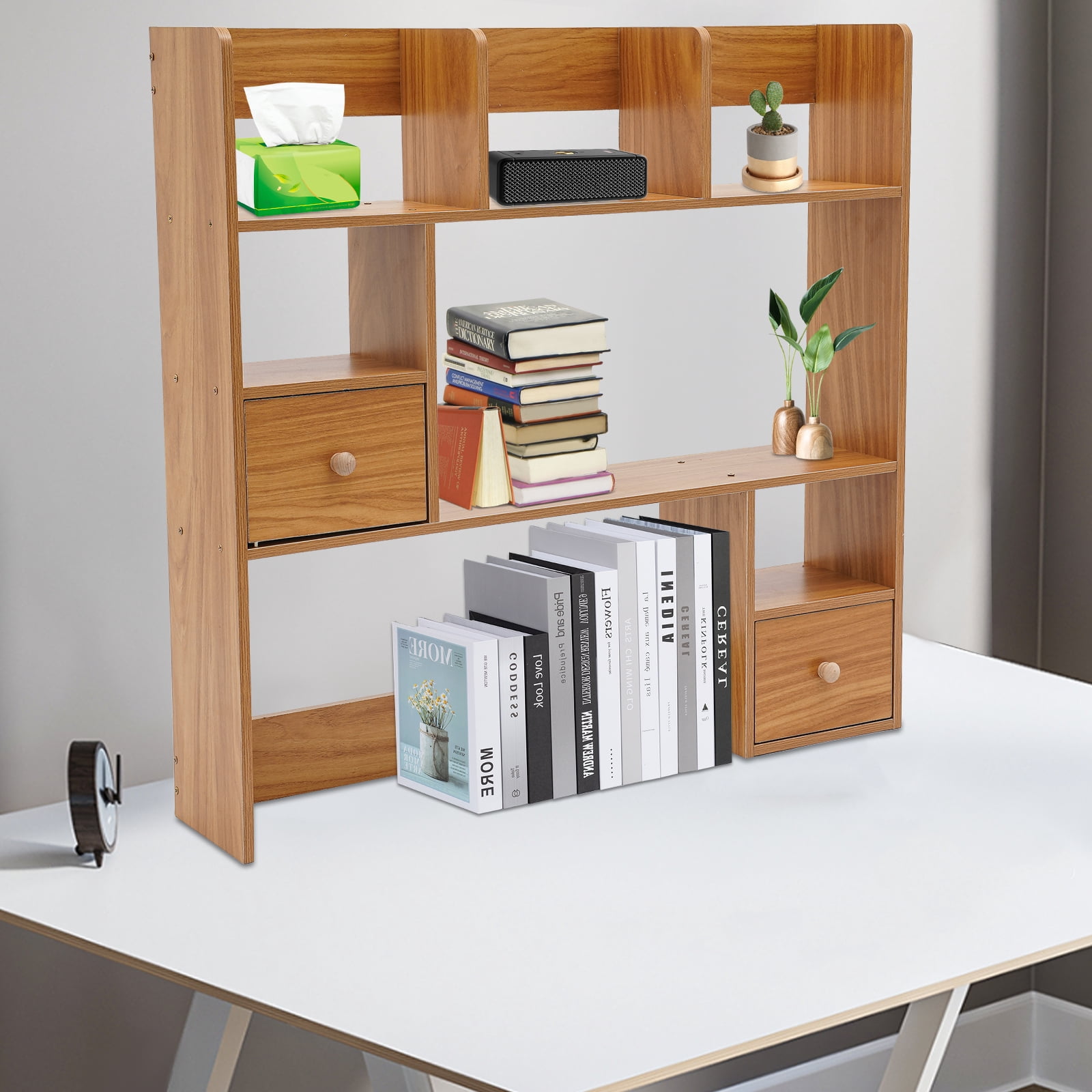 Modern Desktop Storage Organizer Home Office Desktop Bookshelf Holder Computer Rack Desk Organizer for Space Saving (Pine Color)