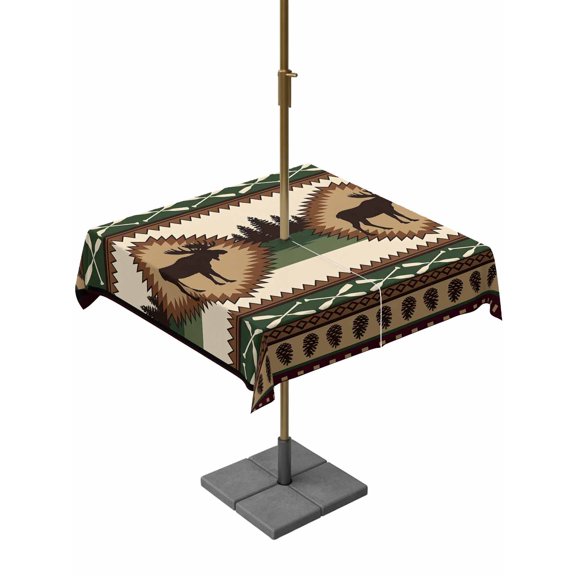Square Outdoor Tablecloth with Umbrella Hole Cabin Elk Brown Outside Table Cloth Waterproof Patio Table Cover Lodge Ethnic Tribe Forest Green Zipper Tablecloths for Picnic Party Camping 54x54 Inch