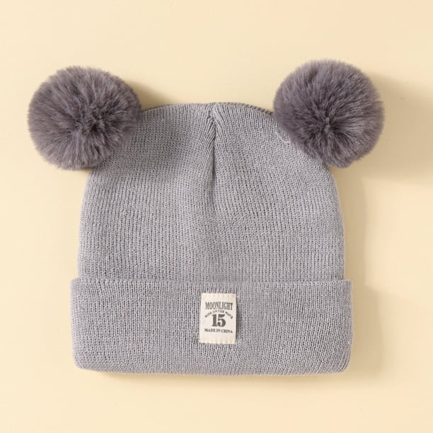 Gorro de lana de color sólido acrílico para niños, gorro de punto estándar para otoño e invierno, con doble bola, para bebés