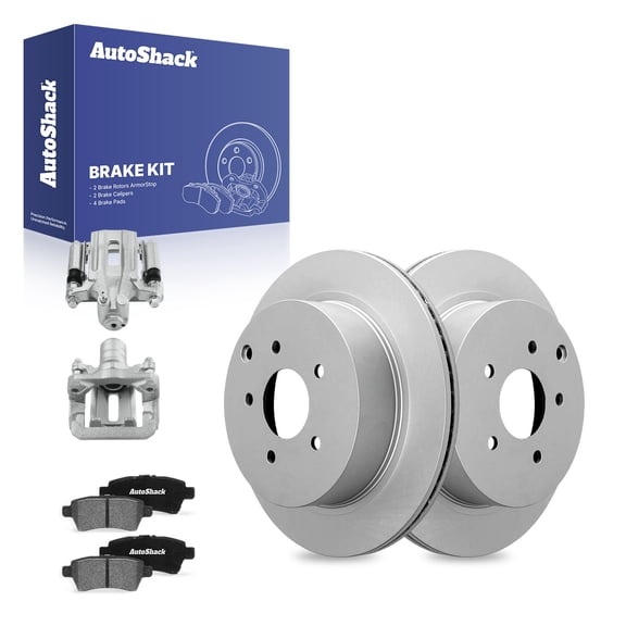 AutoShack Rear Vented Coated Brake Rotors   Ceramic Pads   Calipers 8-PC Brake Kit Replacement for 2005-2012 Nissan Pathfinder ArmorStop 12.11" (307.5 mm)