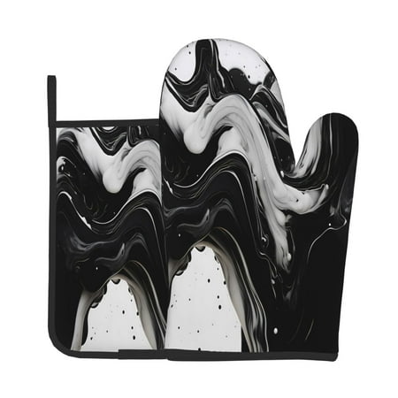 

Bingfone Fluid Black White Paint Swirls Print Oven Mitts Pot Holders Set 2 PCS for Kitchen for Cooking Grilling Baking BBQ Pot Holders Cook Essentials