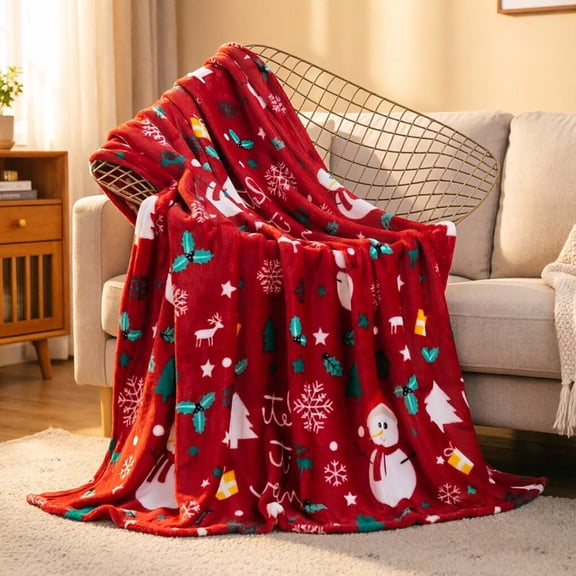 Christmas Snowman Holly Snowflake Throw Blanket for Couch or Bed, Soft Flannel Cozy Decor Cover, Washable Blanket for Bedroom Daily Use.