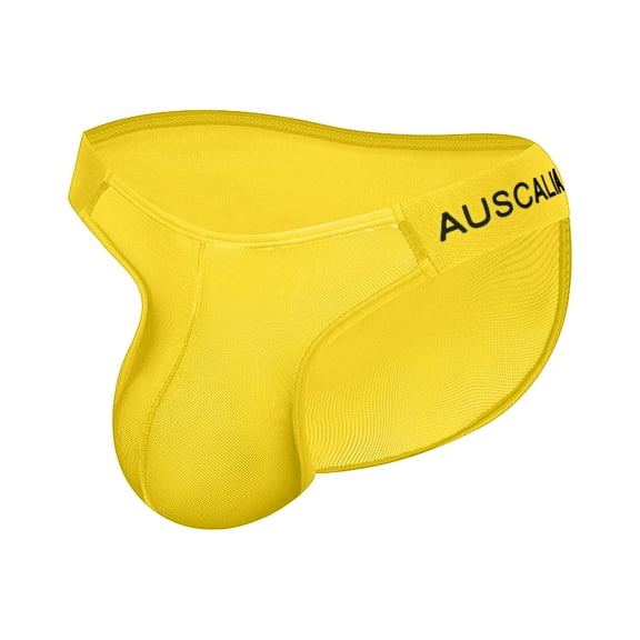 khonts,Men's Brief Sexy Mesh Low Waist Underwear U Convex Pouch Fun Breathable Underpants Yellow XL