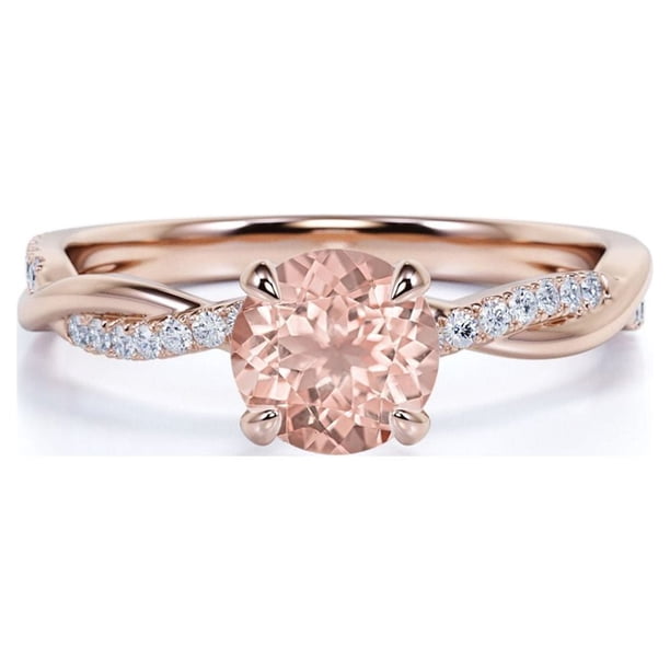 JeenMata Anillo de Compromiso de Moissanita y Morganita de Talla Redonda de 1 Quilate en Color Rosa Melocotón sobre Plata de Ley