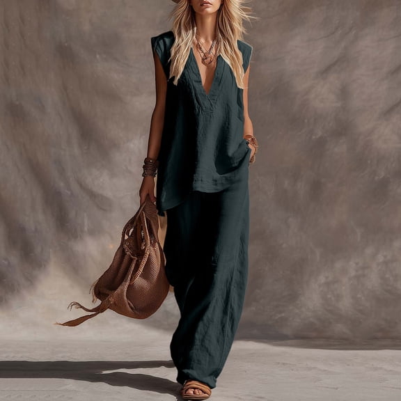 ClodeEU Women's Linen Blend 2 Piece Outfit, V Neck Short Sleeve Top and Wide Leg Pants Set, Casual Beachwear and Vacation Outfit Army Green,Women's Plus L