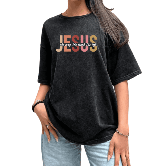 Black Washed Jesus Faith Print Tshirt Graphic Tees Christian Oversized Casual Shirts Short Sleeve S-2XL Everyday Tops