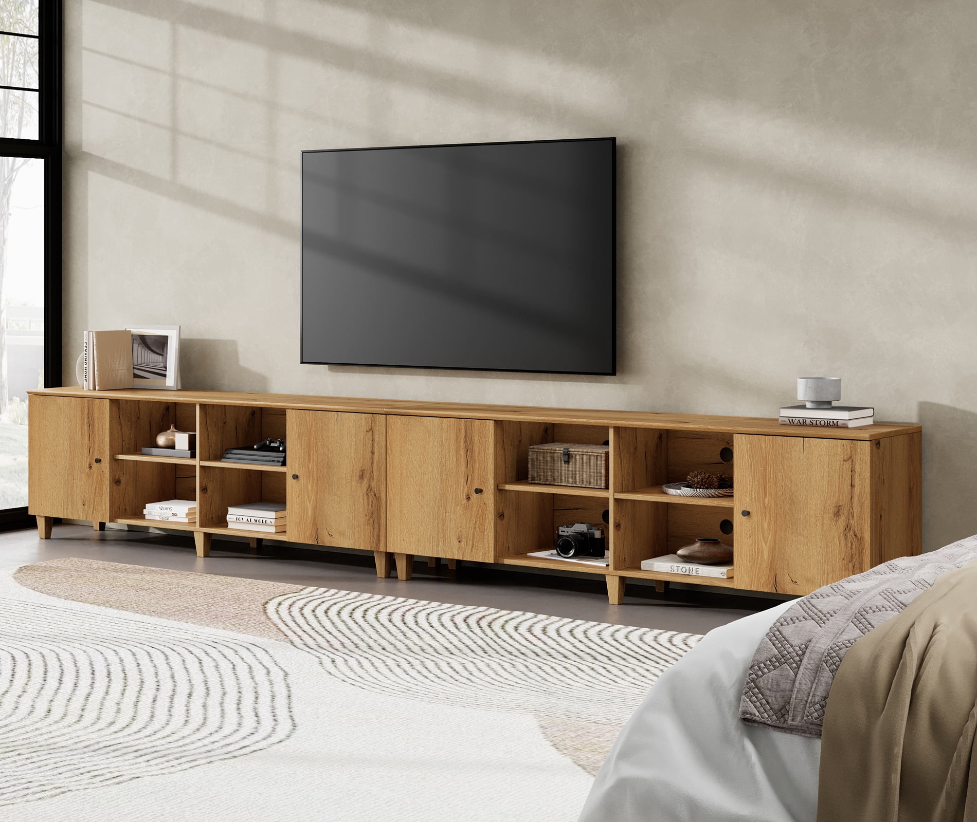 Set of 2 TV Stand Cabinets for 120+ Inches TVs, Modern Wood Low Media Console with Doors & Shelves, Dark Brown