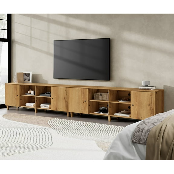 2-in-1 TV Stand Cabinets for 100  Inches TVs, Modern Farmhouse Wood Entertainment Center with Door, Oak Brown