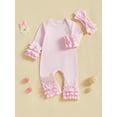 thumbnail image 3 of Nygoyerh Newborn Girls Fall Romper Solid Color Ribbed Ruffled Long Sleeve Crew Neck Full Length Jumpsuit with Bow Headband Sets 0M 3M 6M 9M, 3 of 7