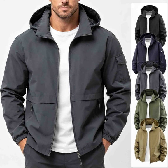 UVEASISHA Hiking Jackets for Men Lightweight Waterproof Windbreaker Softshell Jacket Adjustable Drawstring Hooded Outdoor Jacket Travel Work Outerwear Army Green L