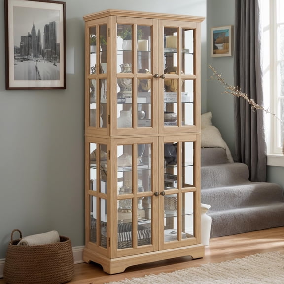 CKEASEAN Glass Display Cabinet, 69" H Curio Cabinet with Adjustable Shelves and 4 Glass Doors, Light Bulb Included, Elegant Antique Showcase, Rack for Living Room/Home Office