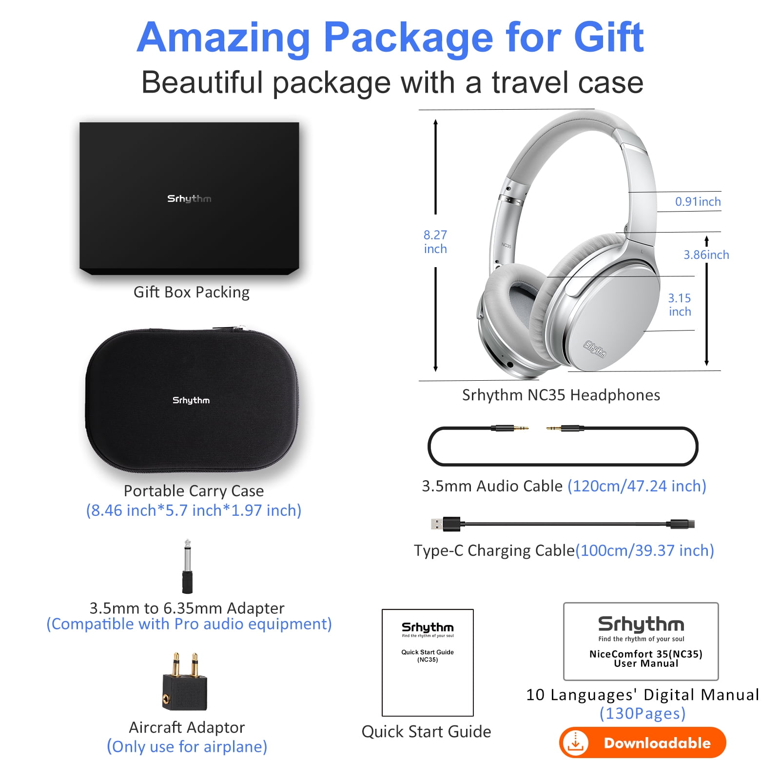Srhythm NC35 Noise Cancelling Headphones, Wireless Bluetooth 5.3, 50+ Hours Playtime, Over-Ear