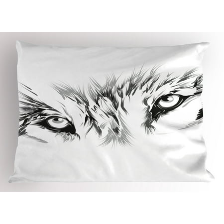 Tattoo Pillow Sham Winter Time Animal White Wolf with its Eyes Looking Straight and Fierce Art, Decorative Standard Size Printed Pillowcase, 26 X 20 Inches, White and Black, by