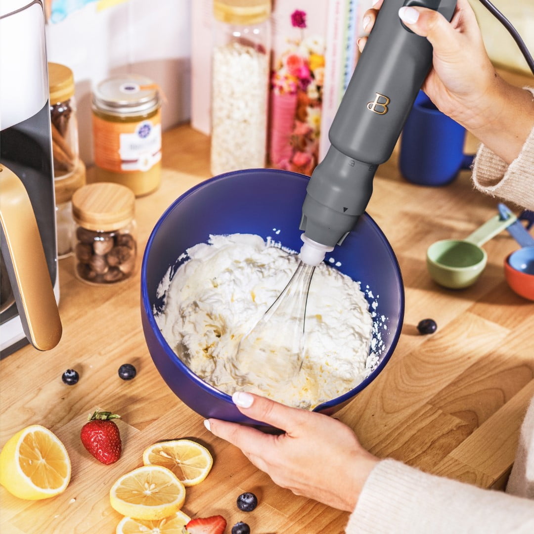 Beautiful 2-Speed Immersion Blender with Chopper & Measuring Cup, Oyster Grey by Drew Barrymore