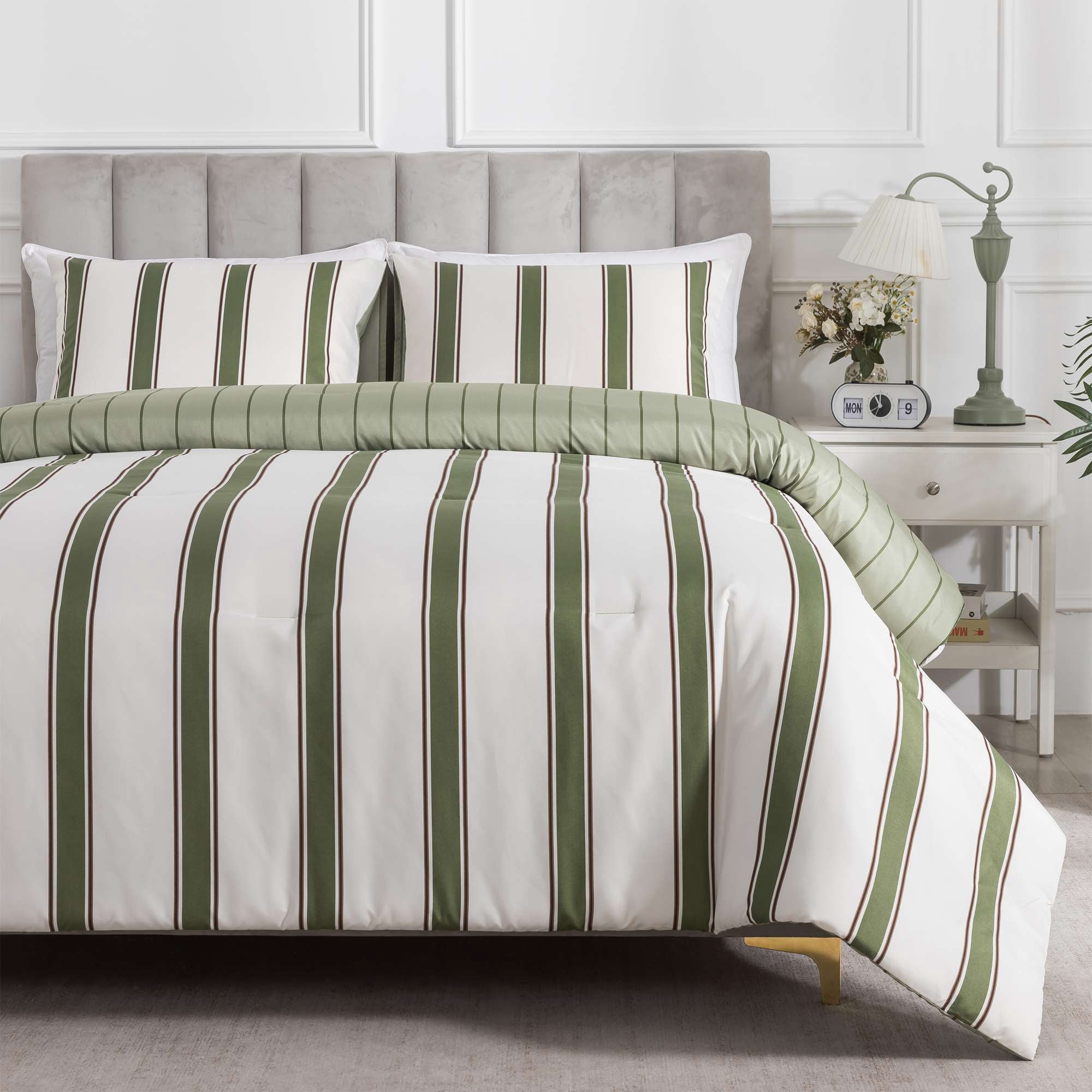 Mainstays Full/Queen Comforter Set, All-Season, 3-Piece, Green Stripe