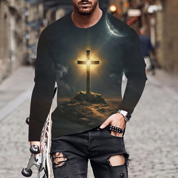 Meichang Long Sleeve T Shirt Men Cotton,Men's Graphic Tees Streetwear Christian Faith Cross Print T-Shirts Fashion Round Neck Daily Long Sleeve Shirts for Men