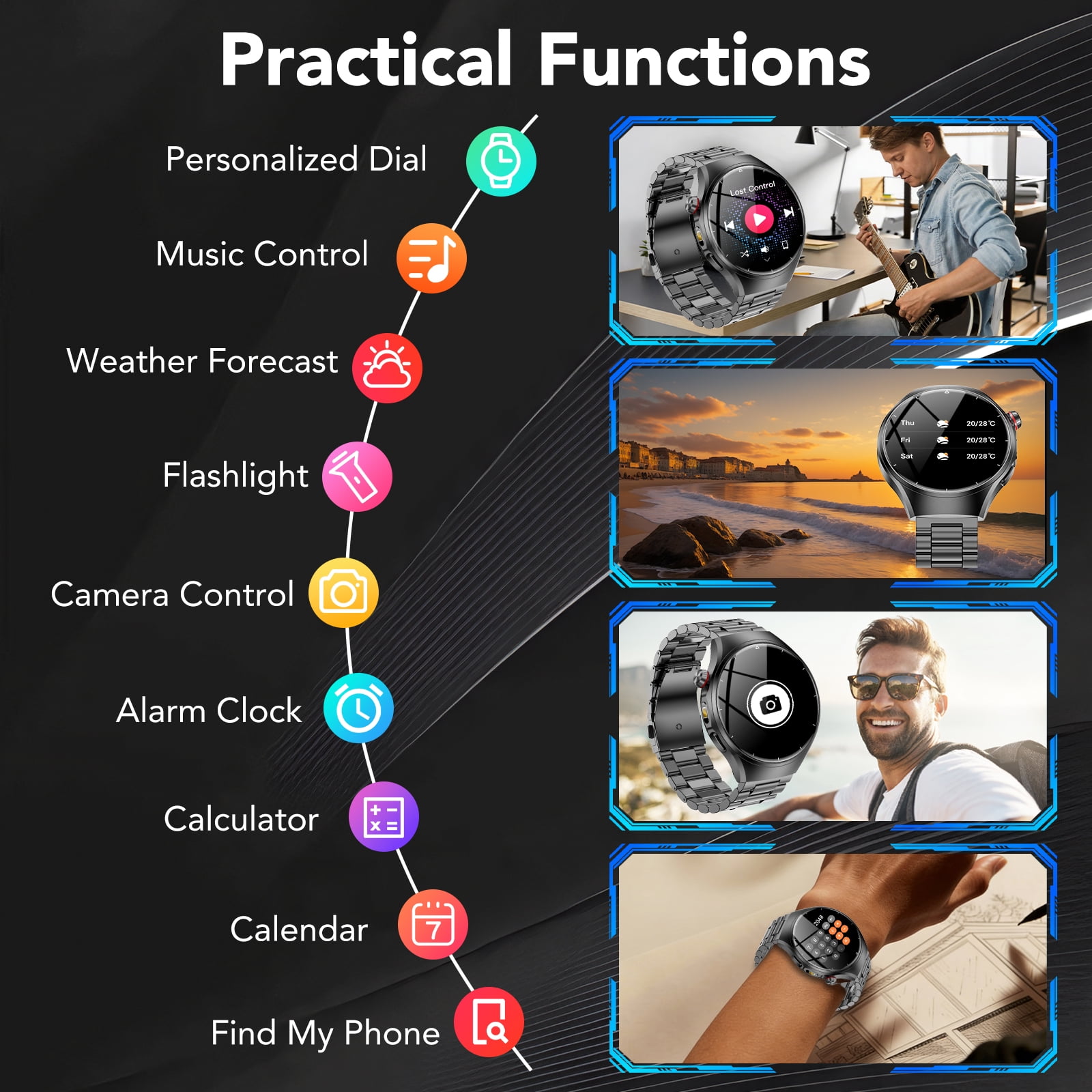 Smart Watch for Men, 1.52" AMOLED Bluetooth Calling Smartwatch for Android iOS, Built-in Flashlight, 1000mAh Long Battery Fitness Tracker, 120+ Sports, IP68 Water Resistant