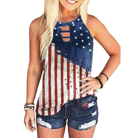 

FASHIONWT Women Frayed Striped Star Print Cami Tops Independence Day Halter Tank