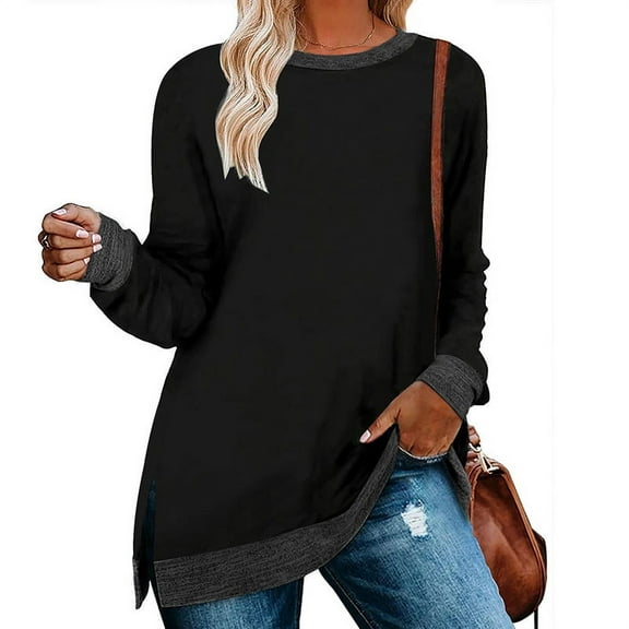 Women's Crewneck Pullovers Color Block Long Sleeve Side Split Tunic Tops