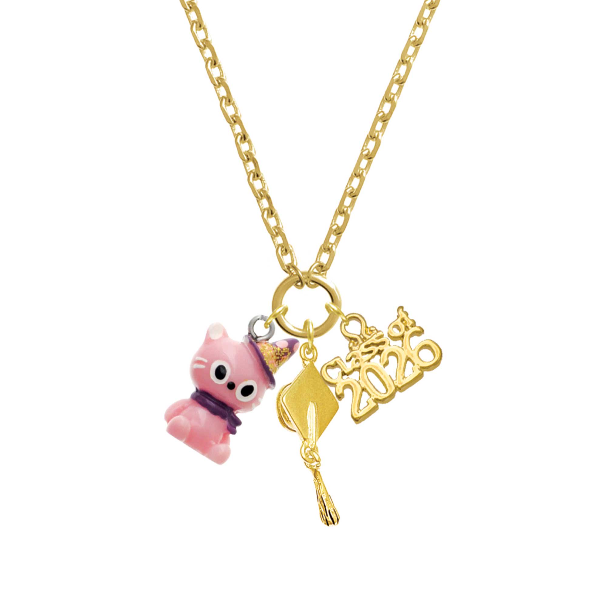 Delight Jewelry Resin Pink Birthday Kitty Cat - Gold-tone Class of 2026 Graduation Zoey Charm Necklace, 28"