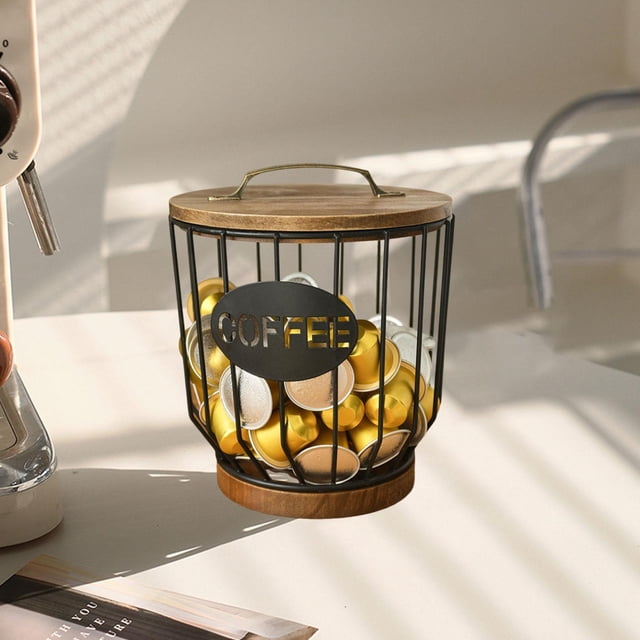 twisto Coffee Capsule Holder Organizer Iron And Wood Multipurpose Coffee Capsule Holder Container with Lid for Snacks Capsules Small Items Suitable for Kitch Black