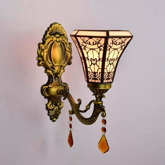 Artistic Style Wall Sconce Stained Glass Wall Lamp Vintage Antique Crystal Pendant Decorative Wall Lighting Fixture for Hallway Beside Living Room Bedroom,A