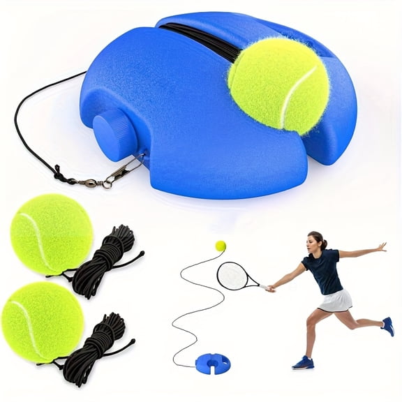 Tennis trainer rebound ball with counterweight base and three balls on strings. Designed for solo practice, portable, and ideal for beginners improving skills.
