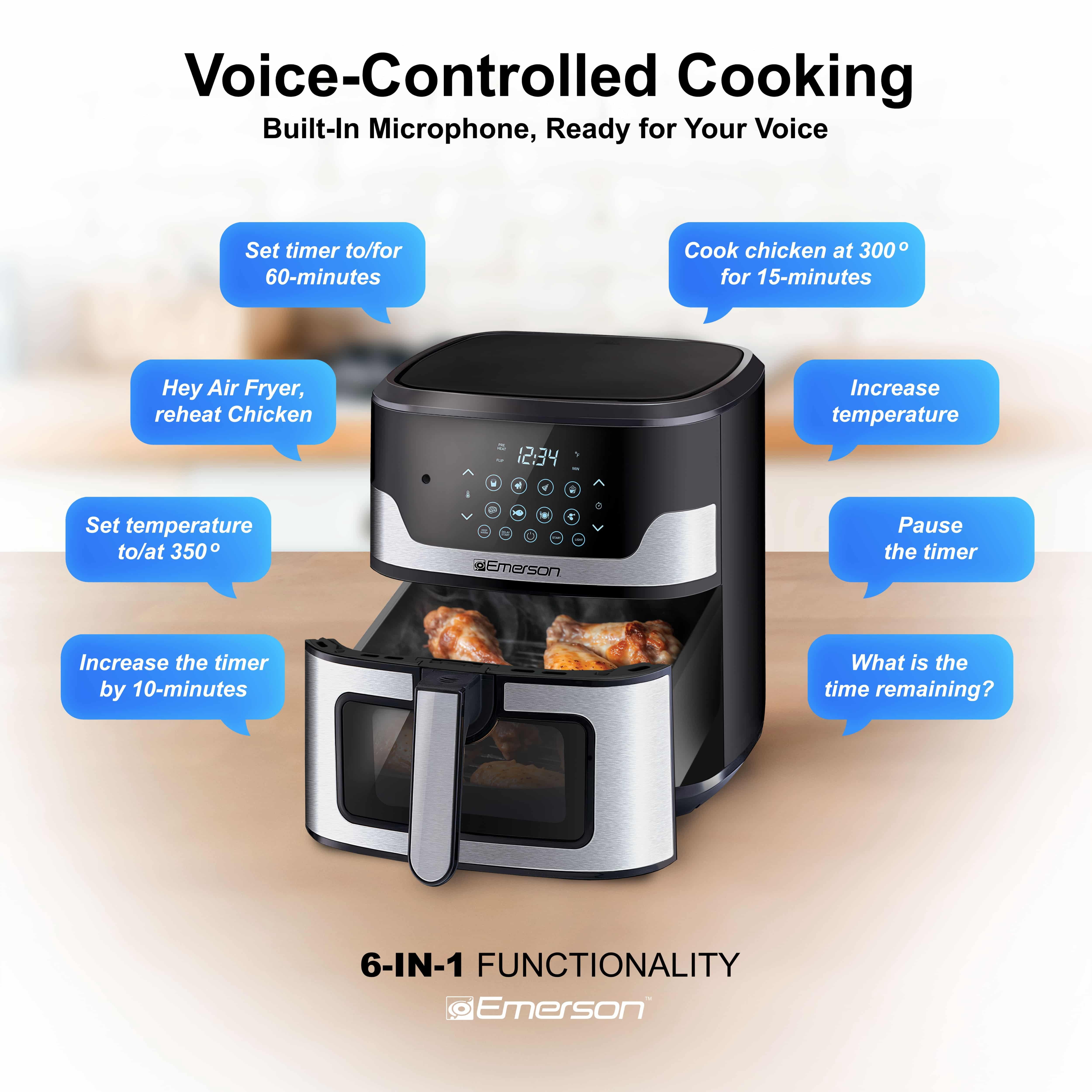 Emerson SmartVoice 5.3QT 6-in-1 Air Fryer, 1K+ Voice Control Commands, 100+ Recognized Food, No APP, No WIFI, Air Fry, Bake, Reheat, Dehydrate, 1500W