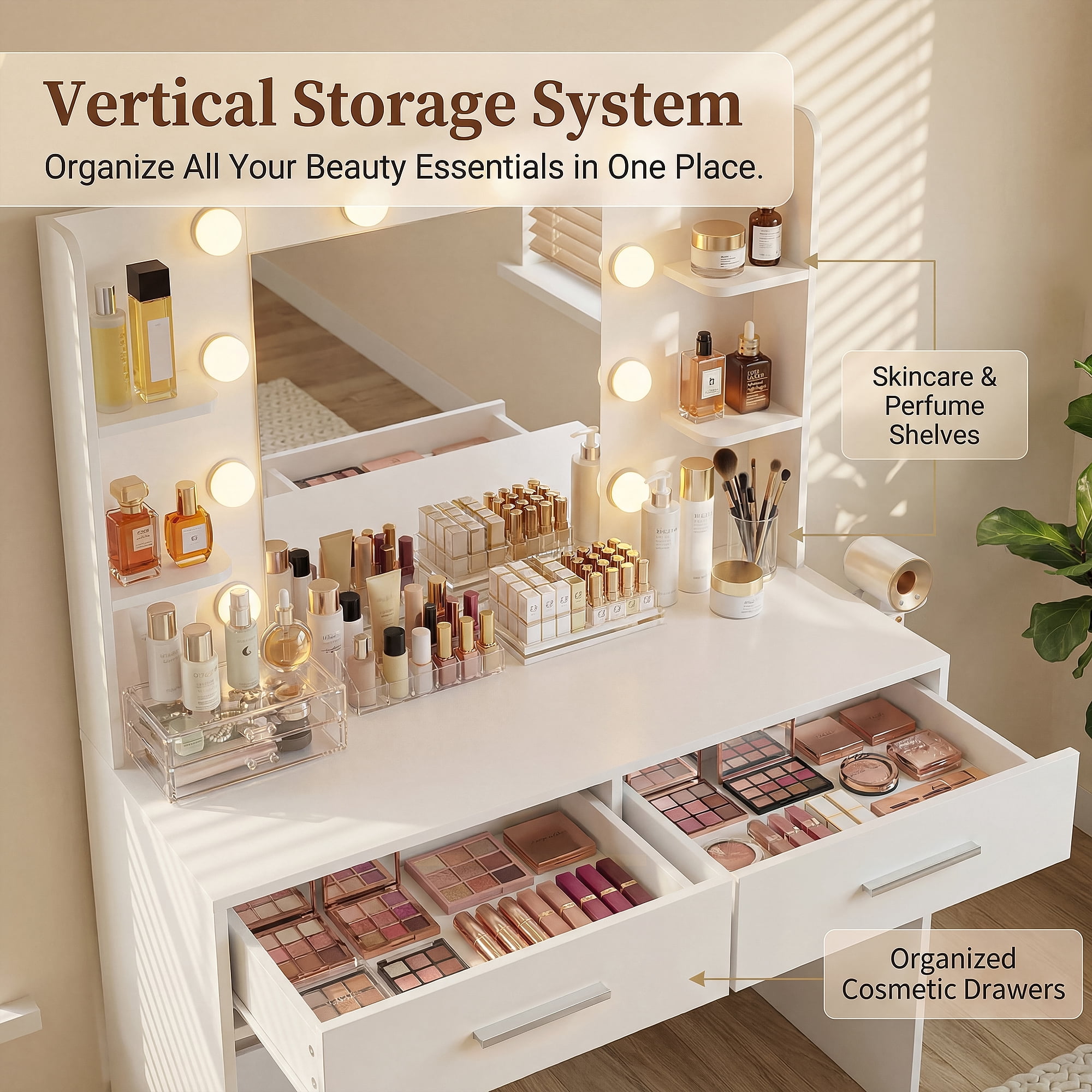 Homall Makeup Vanity Set with Mirror & 3 Modes Lights, Vanity Desk with Storage Drawers & Shelves, Vanity Table with Power Outlet for Bedroom Dressing Room, White